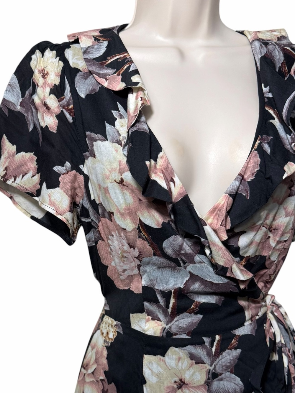 PAIGE Cardamom Floral Wrap Dress Black Evening Sand Ruffle Short Sleeve XS - Picture 6 of 15